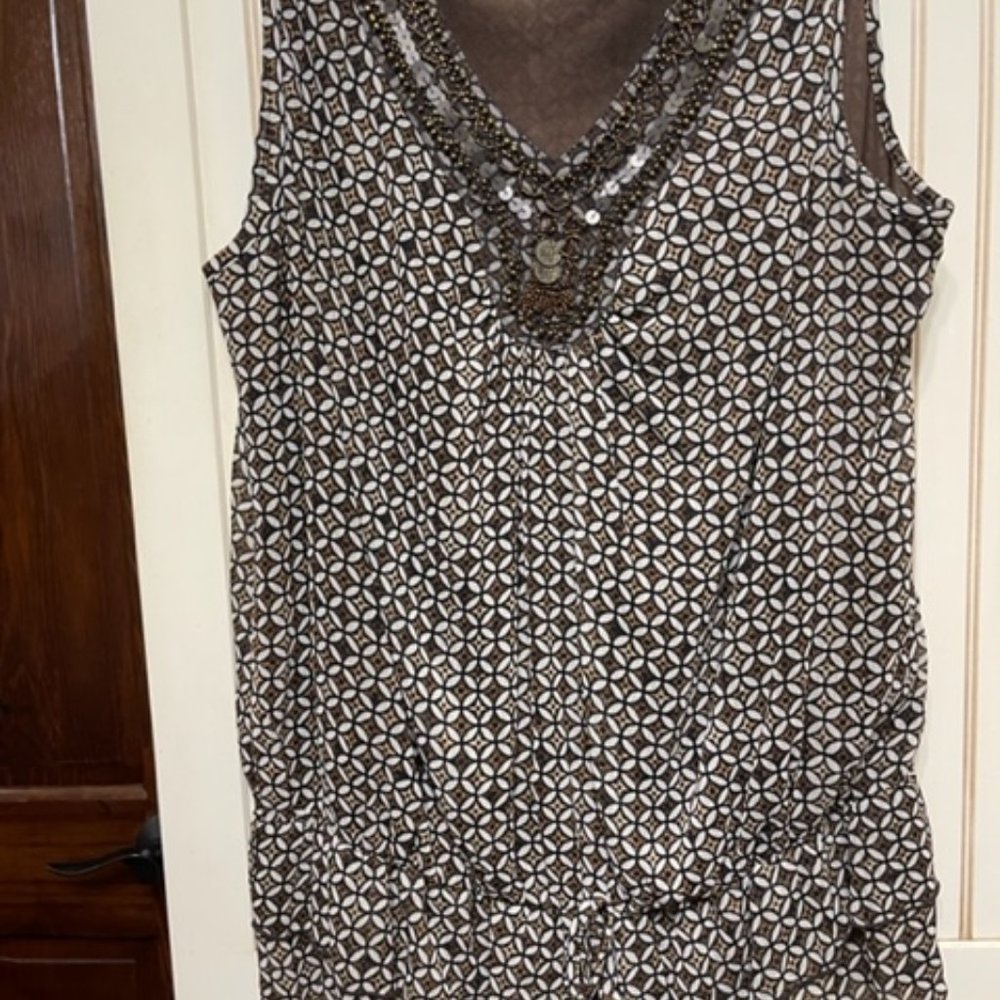 Dress Barn Sleeveless Lined Peplum Top, Beaded V-neck, Size XL, Brown
